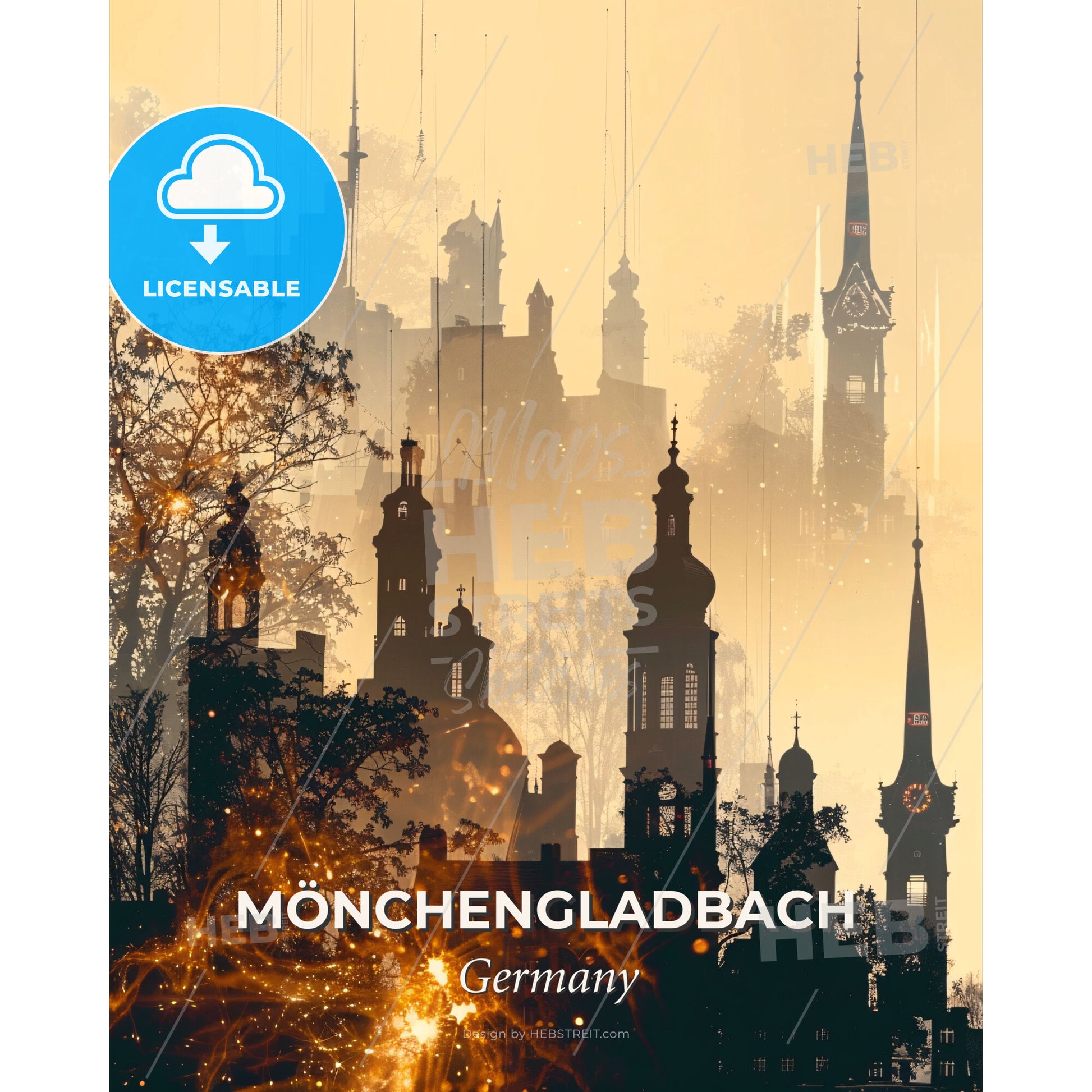 Monchengladbach City Skyline Bright Beige Poster - A silhouette of a city with tall buildings and trees - Square format print template