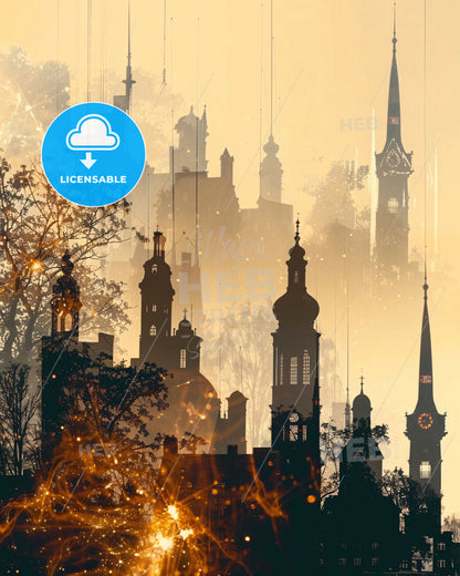 Monchengladbach City Skyline Bright Beige Poster - A silhouette of a city with tall buildings and trees