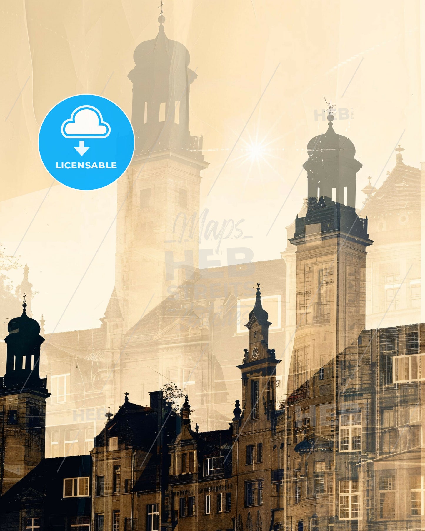 Monchengladbach Skyline Double Exposure Art Poster - A building with towers and a sun