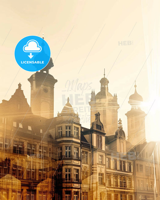 Monchengladbach Skyline Poster: Double Exposure Cityscape - A building with a tower and a clock tower