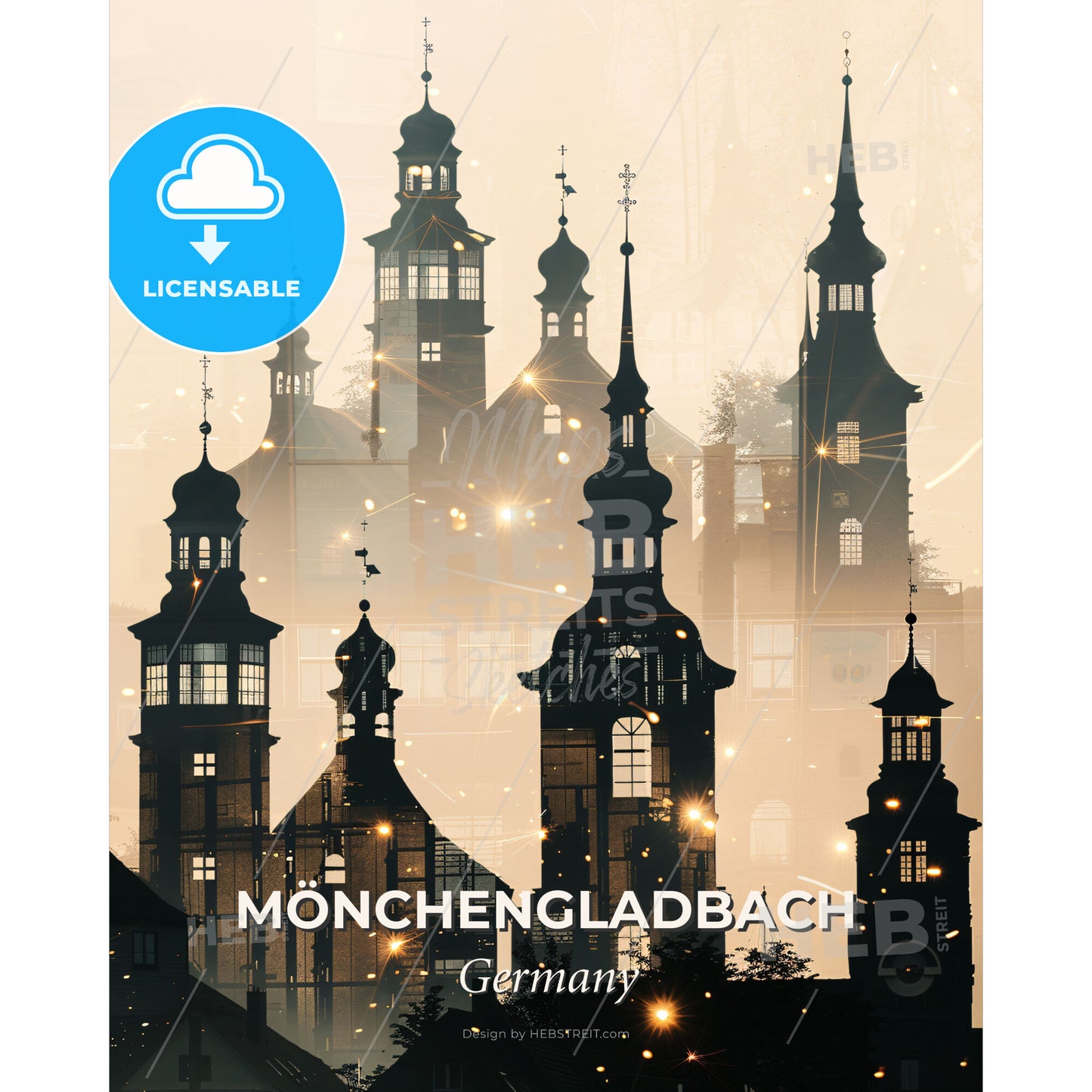 Monchengladbach City Skyline Poster Art - A silhouette of a building with towers and spires - Square format print template