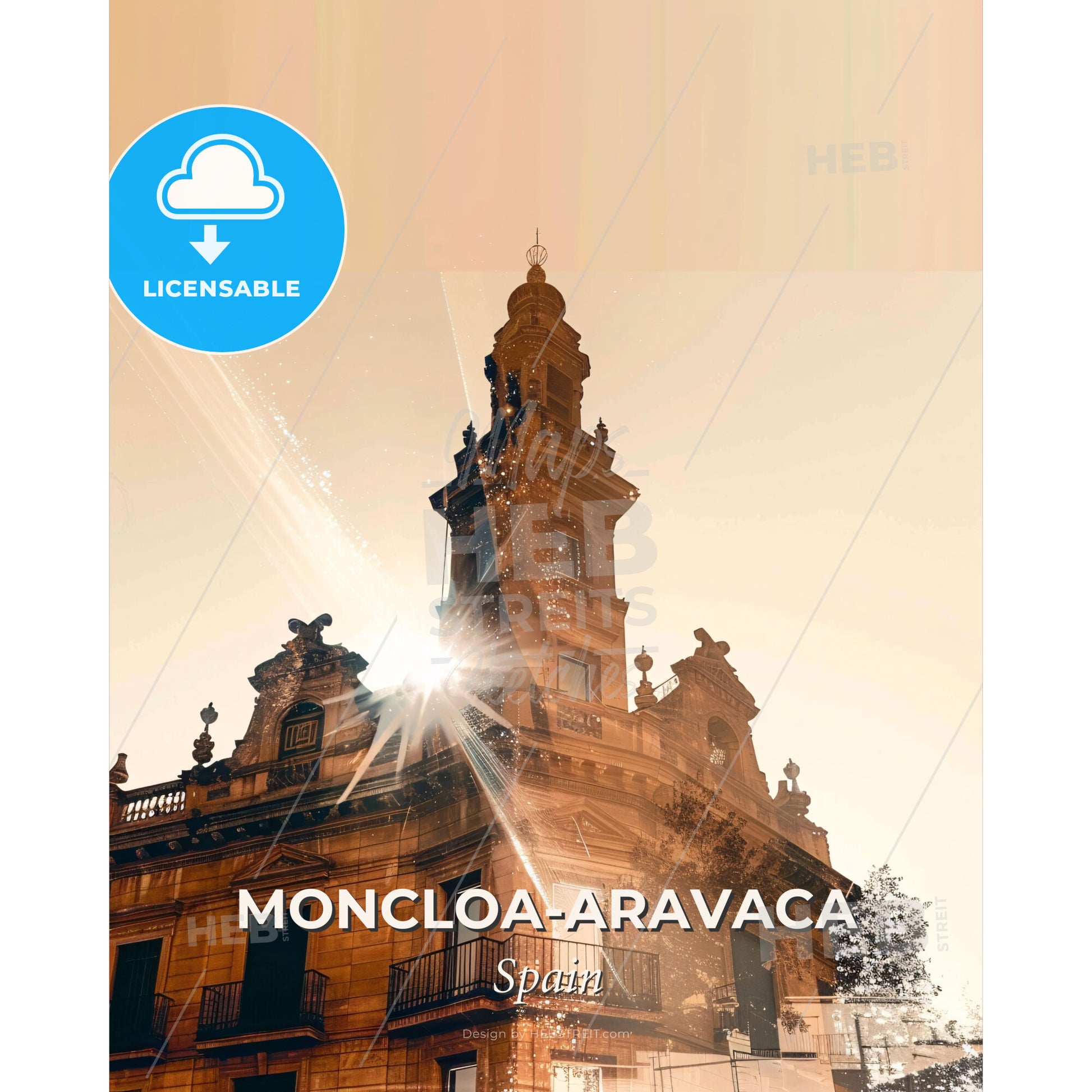 Moncloa-Aravaca Skyline Double Exposure Composite - A building with a tower and sun rays - Square format print template