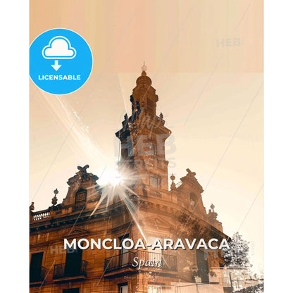 Moncloa-Aravaca Skyline Double Exposure Composite - A building with a tower and sun rays - Square format print template