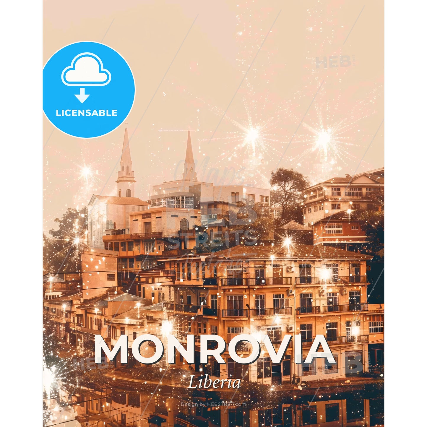 Monrovia Cityscape with Local Icons - Fireworks over a city - Square format print template