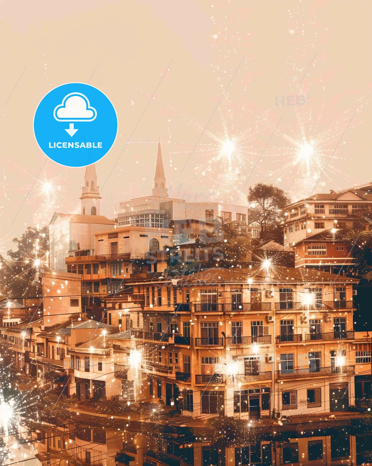 Monrovia Cityscape with Local Icons - Fireworks over a city