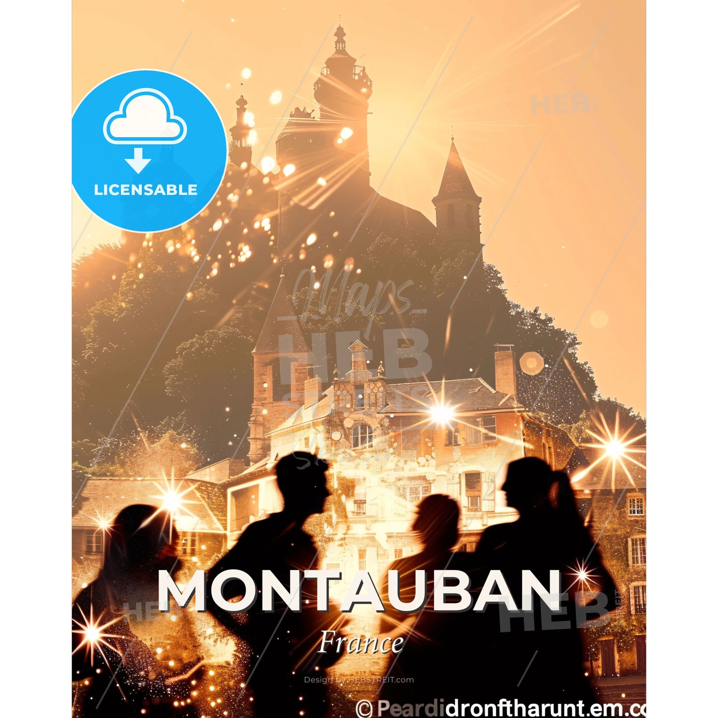 Montauban City Skyline Silhouette Poster Art - A group of people standing in front of a building - Square format print template