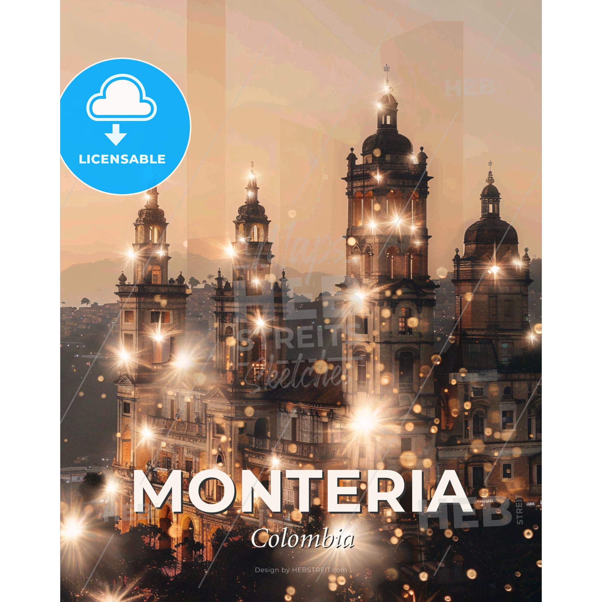 Monteria Skyline Double Exposure City Art Poster - A large building with towers and lights - Square format print template