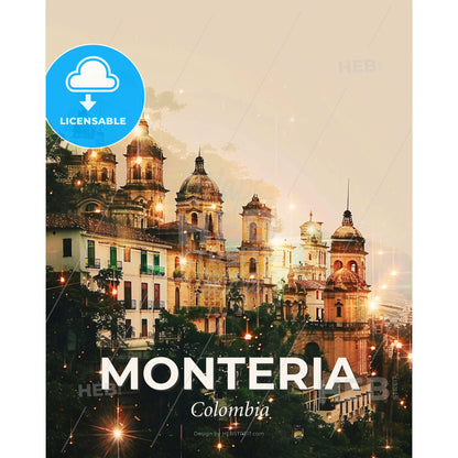 Monteria Skyline Double Exposure Cityscape Art Poster - A building with many towers and trees - Square format print template