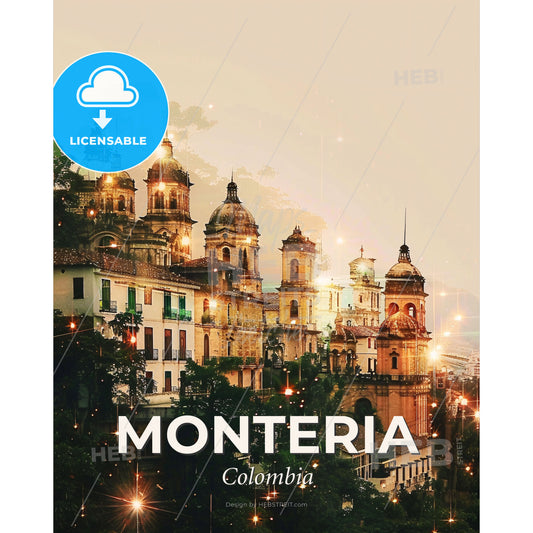 Monteria Skyline Double Exposure Cityscape Art Poster - A building with many towers and trees - Square format print template