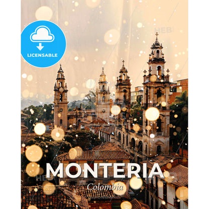 Monteria Skyline Composite Art: Local Colors, Bright Sparks - A group of buildings with towers and trees - Square format print template