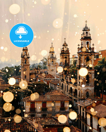 Monteria Skyline Composite Art: Local Colors, Bright Sparks - A group of buildings with towers and trees