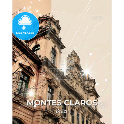 Montes Claros Skyline Architecture Double Exposure Artwork - A building with a clock tower - Square format print template