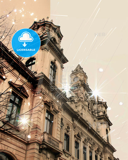 Montes Claros Skyline Architecture Double Exposure Artwork - A building with a clock tower