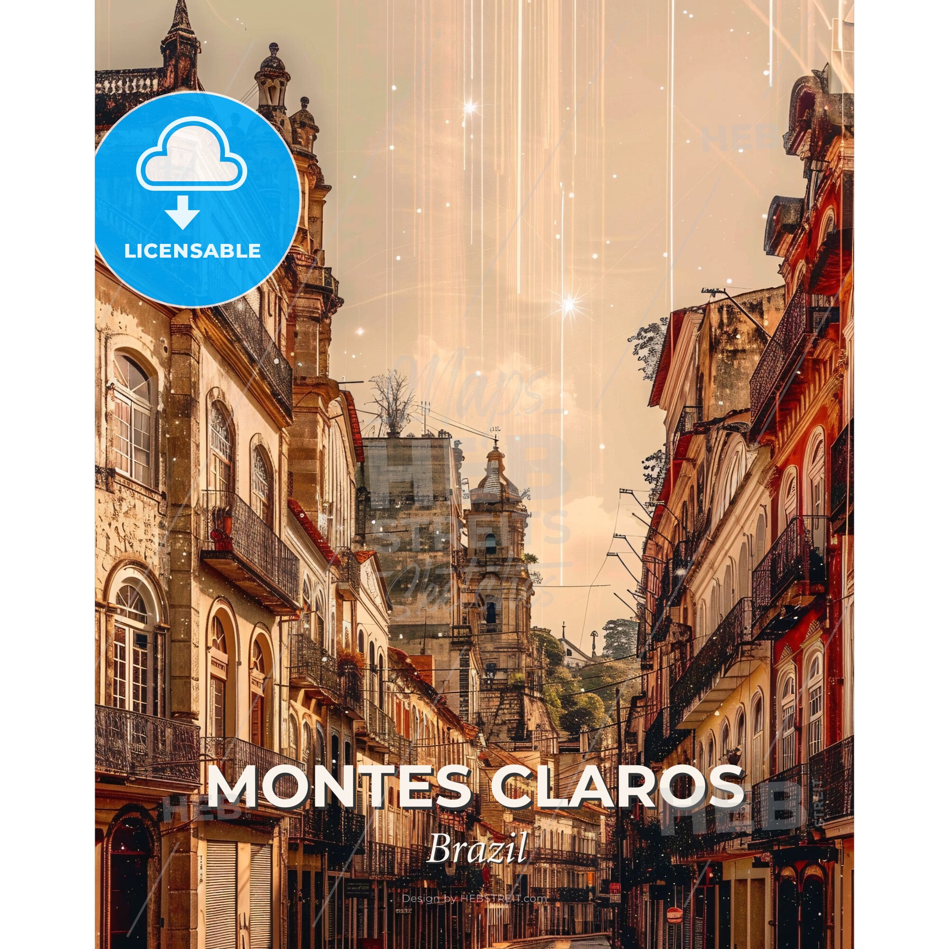 Montes Claros Skyline Wonders on Beige - A street with buildings and stars in the sky - Square format print template