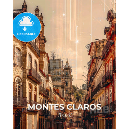 Montes Claros Skyline Wonders on Beige - A street with buildings and stars in the sky - Square format print template