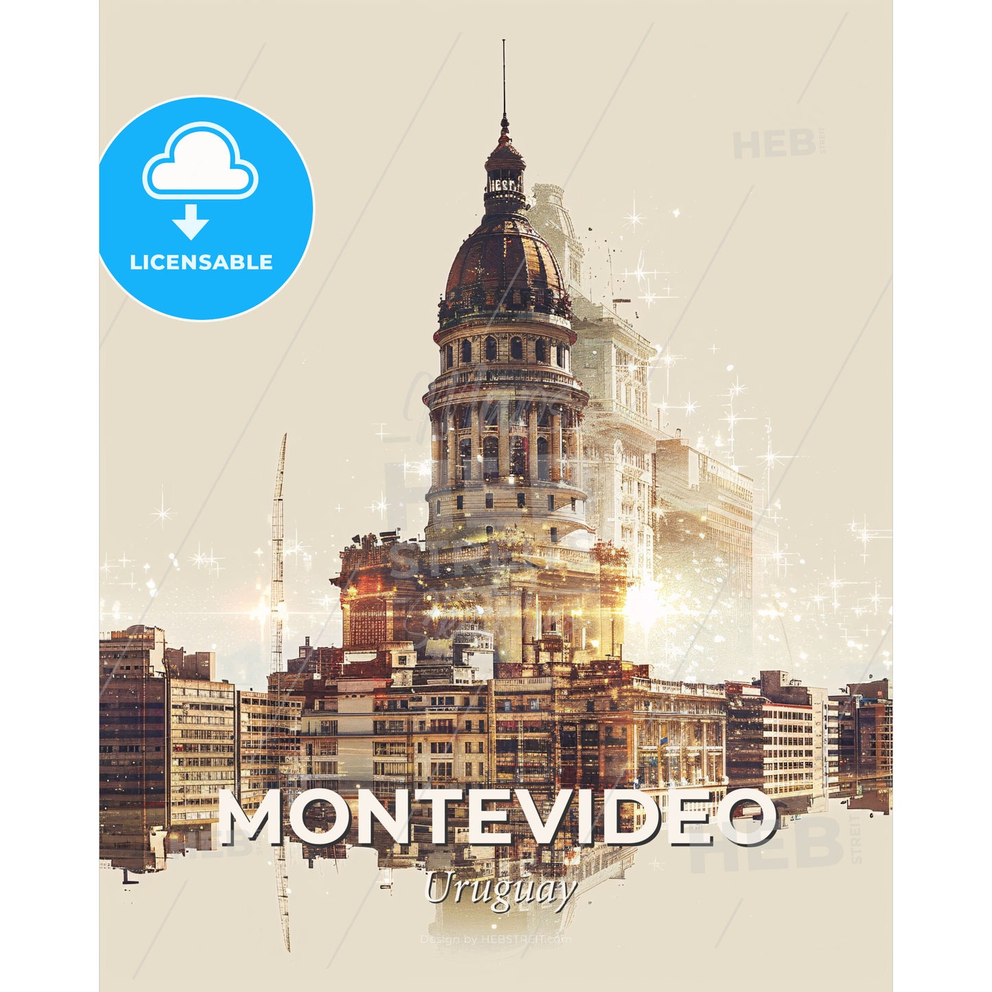 Montevideo City Skyline Sparkling Poster Art - A city with a large building - Square format print template