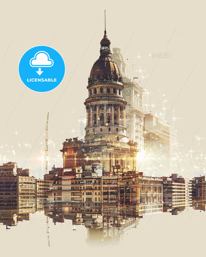 Montevideo City Skyline Sparkling Poster Art - A city with a large building