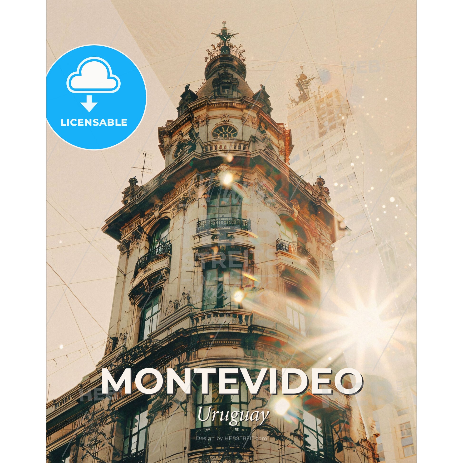 Montevideo Cityscape: Double Exposure Art Poster - A building with a clock tower - Square format print template