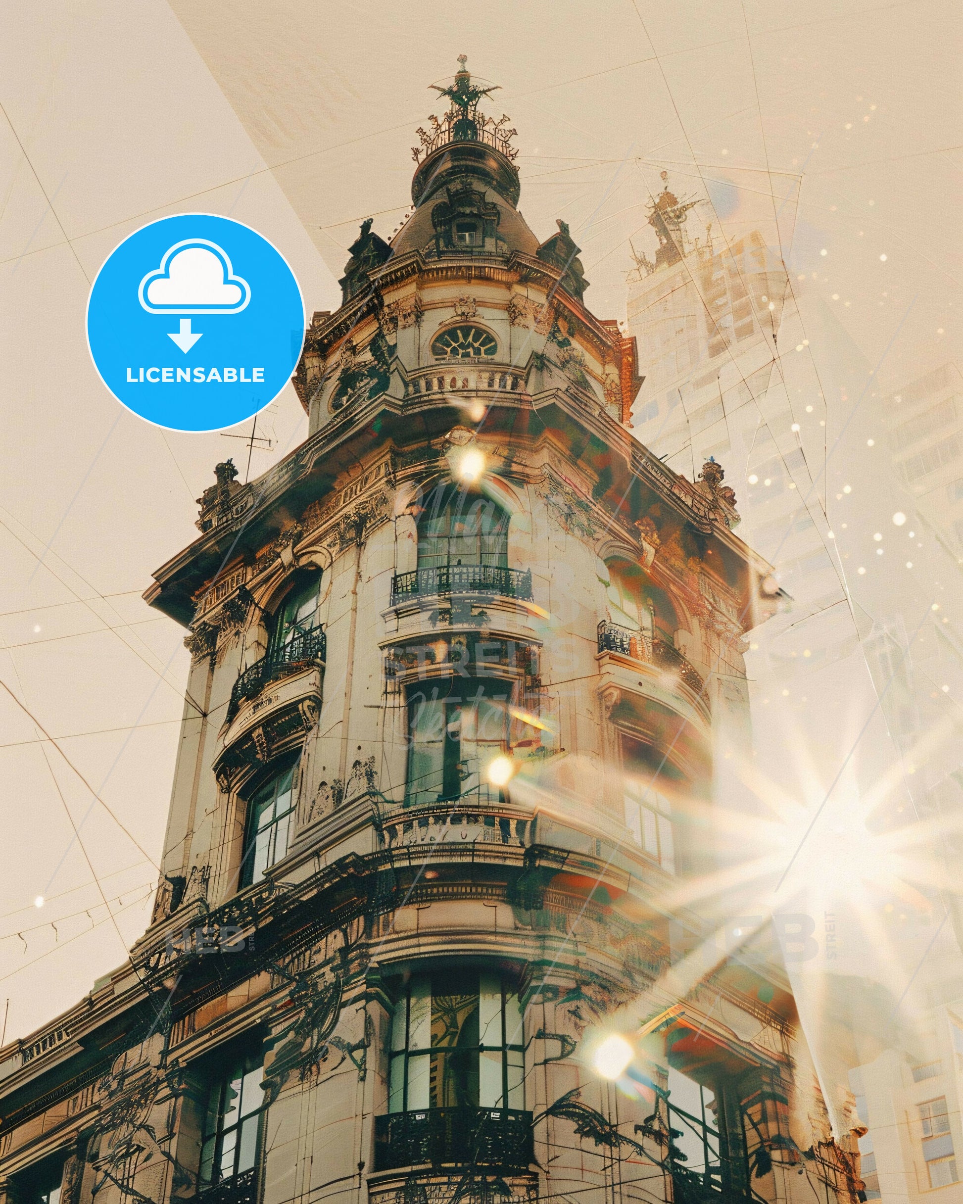 Montevideo Cityscape: Double Exposure Art Poster - A building with a clock tower