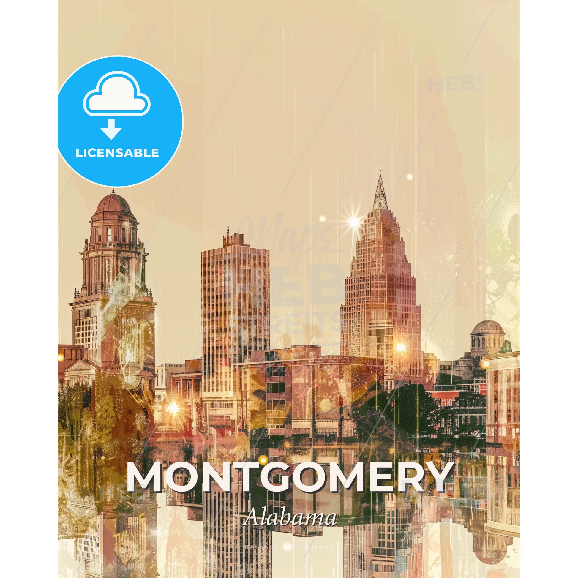 Montgomery: Double Exposure City Skyline Poster - A city skyline with many tall buildings - Square format print template