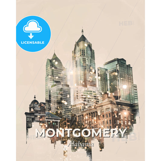 Montgomery Cityscape Art: Icons, Sparkle, Beige - A city skyline with many buildings - Square format print template
