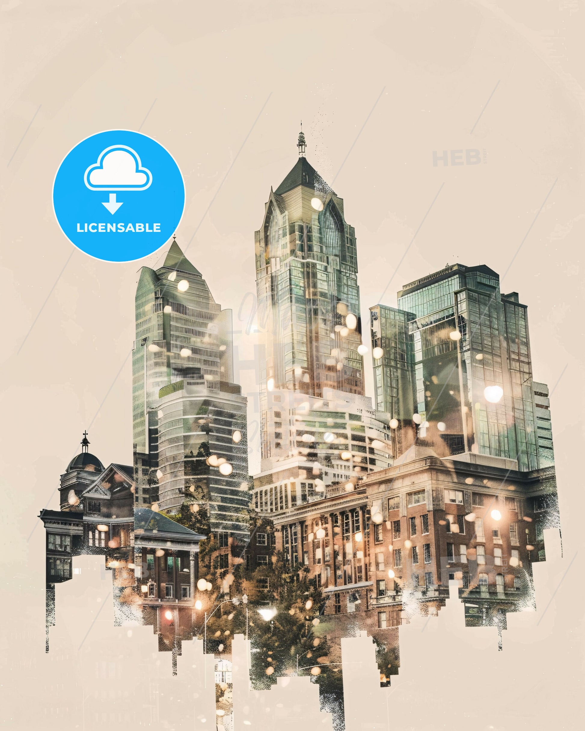 Montgomery Cityscape Art: Icons, Sparkle, Beige - A city skyline with many buildings