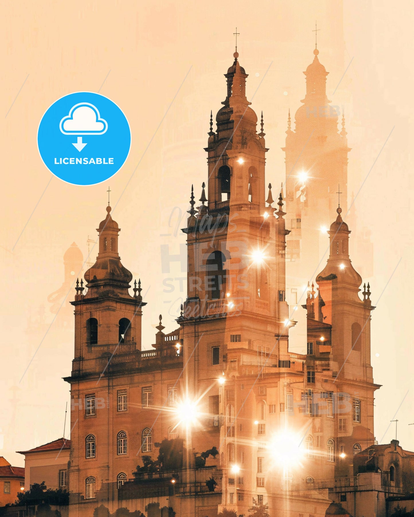 Montijo Double Exposure Art Skyline City Architecture - A building with towers and lights