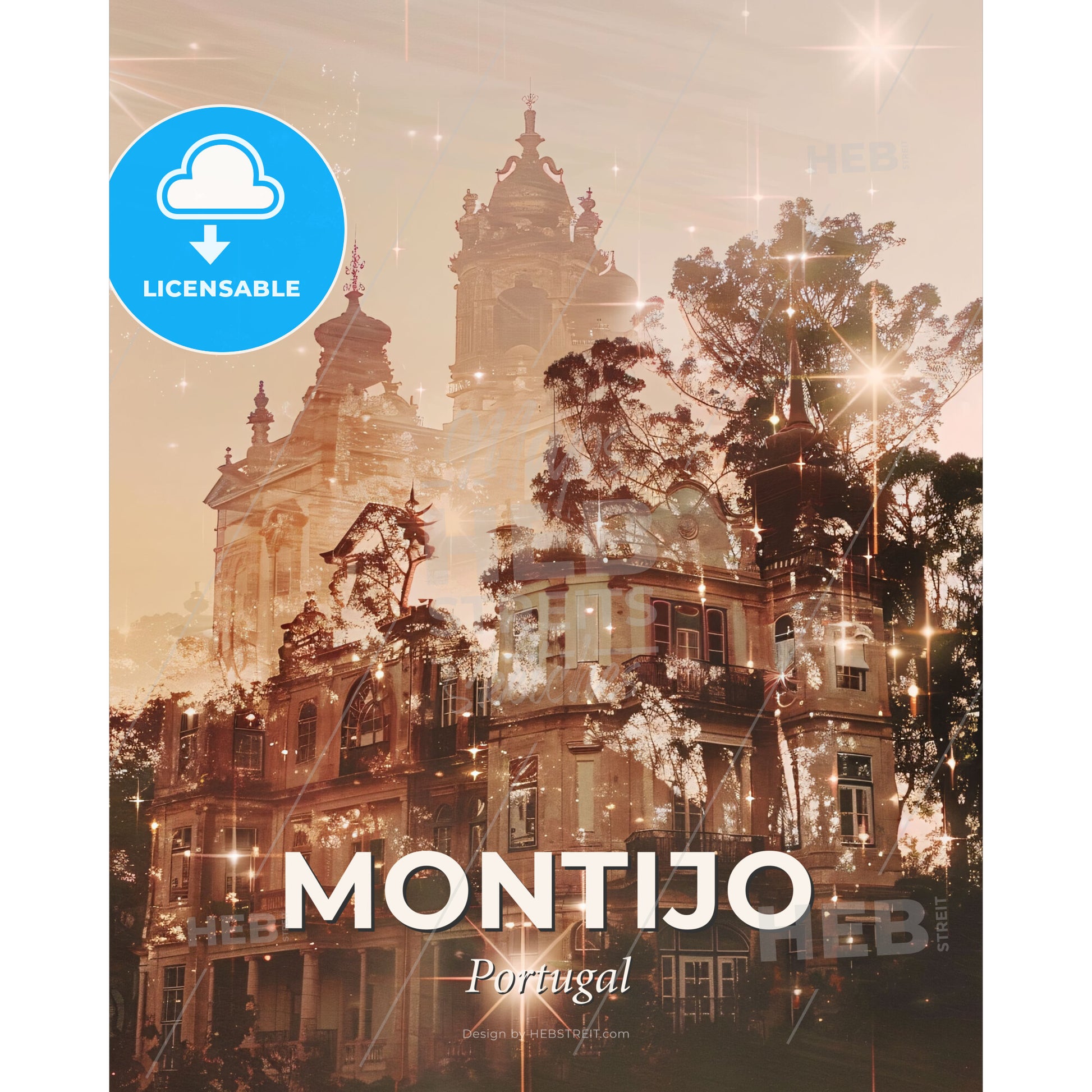 Montijo: Skyline Splendor in Pastel Hues - A building with trees and stars - Square format print template