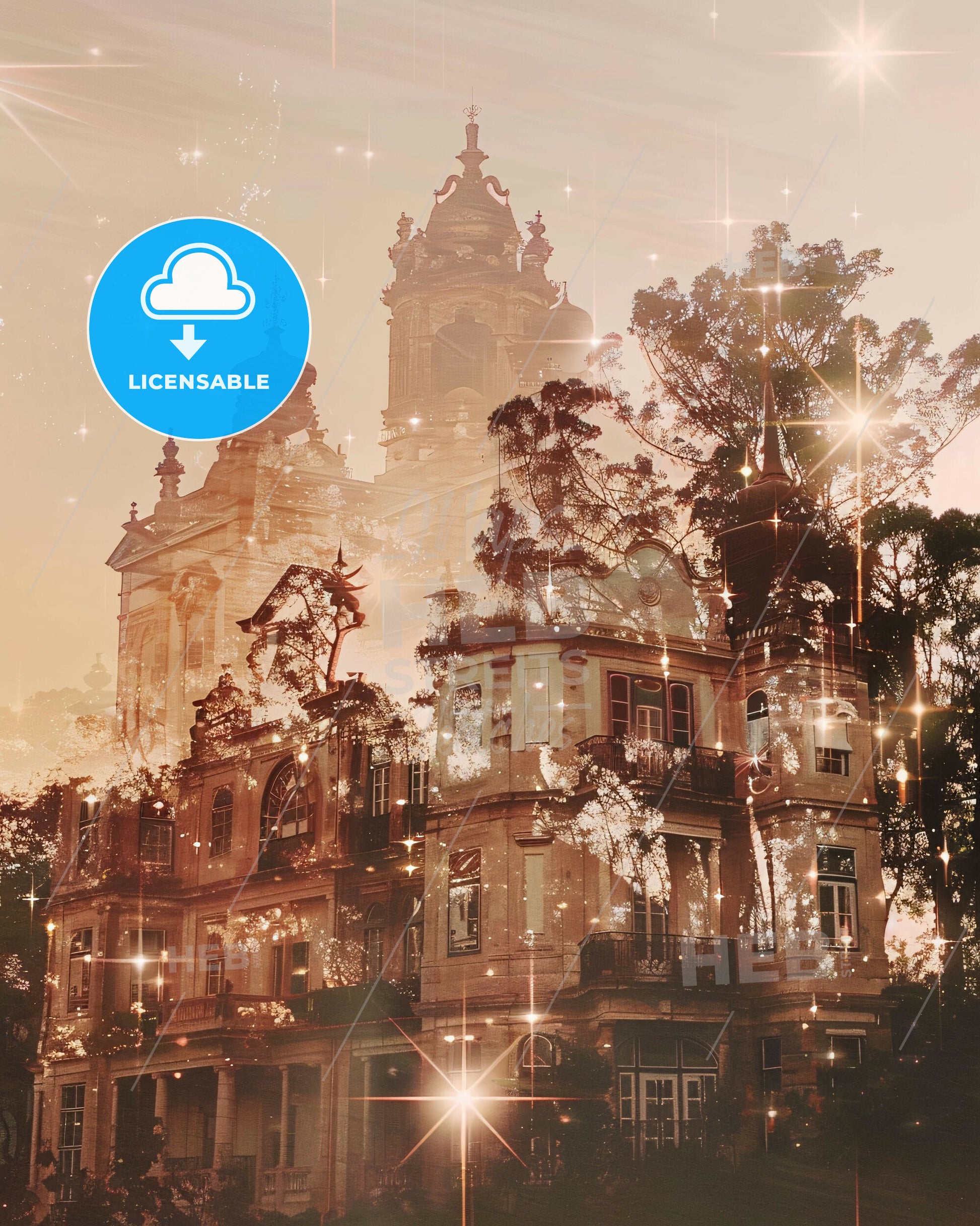 Montijo: Skyline Splendor in Pastel Hues - A building with trees and stars