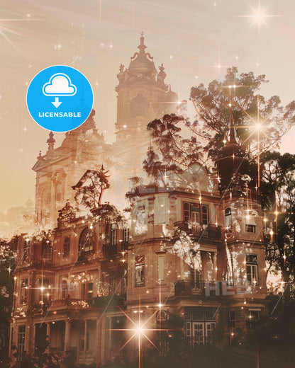 Montijo: Skyline Splendor in Pastel Hues - A building with trees and stars