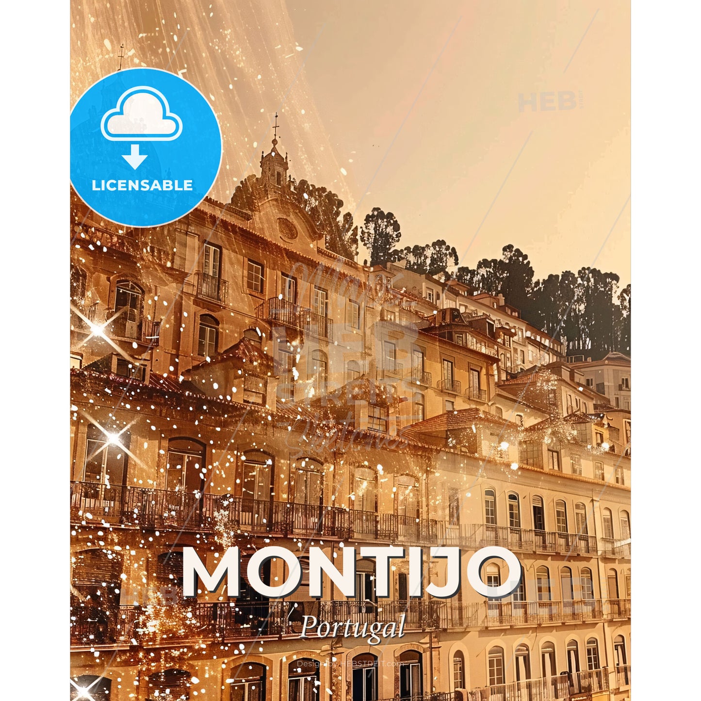 Montijo City Skyline Art Poster, Bright Beige - A building with many windows and lights - Square format print template