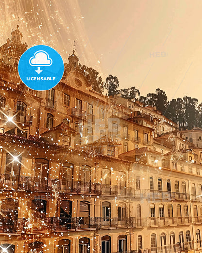 Montijo City Skyline Art Poster, Bright Beige - A building with many windows and lights