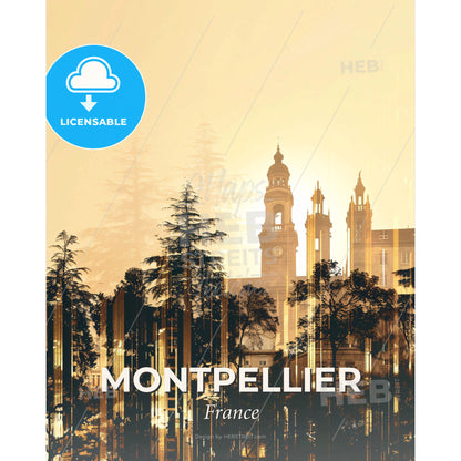 Montpellier Skyline Double Exposure Poster Art - A building with a clock tower and trees - Square format print template