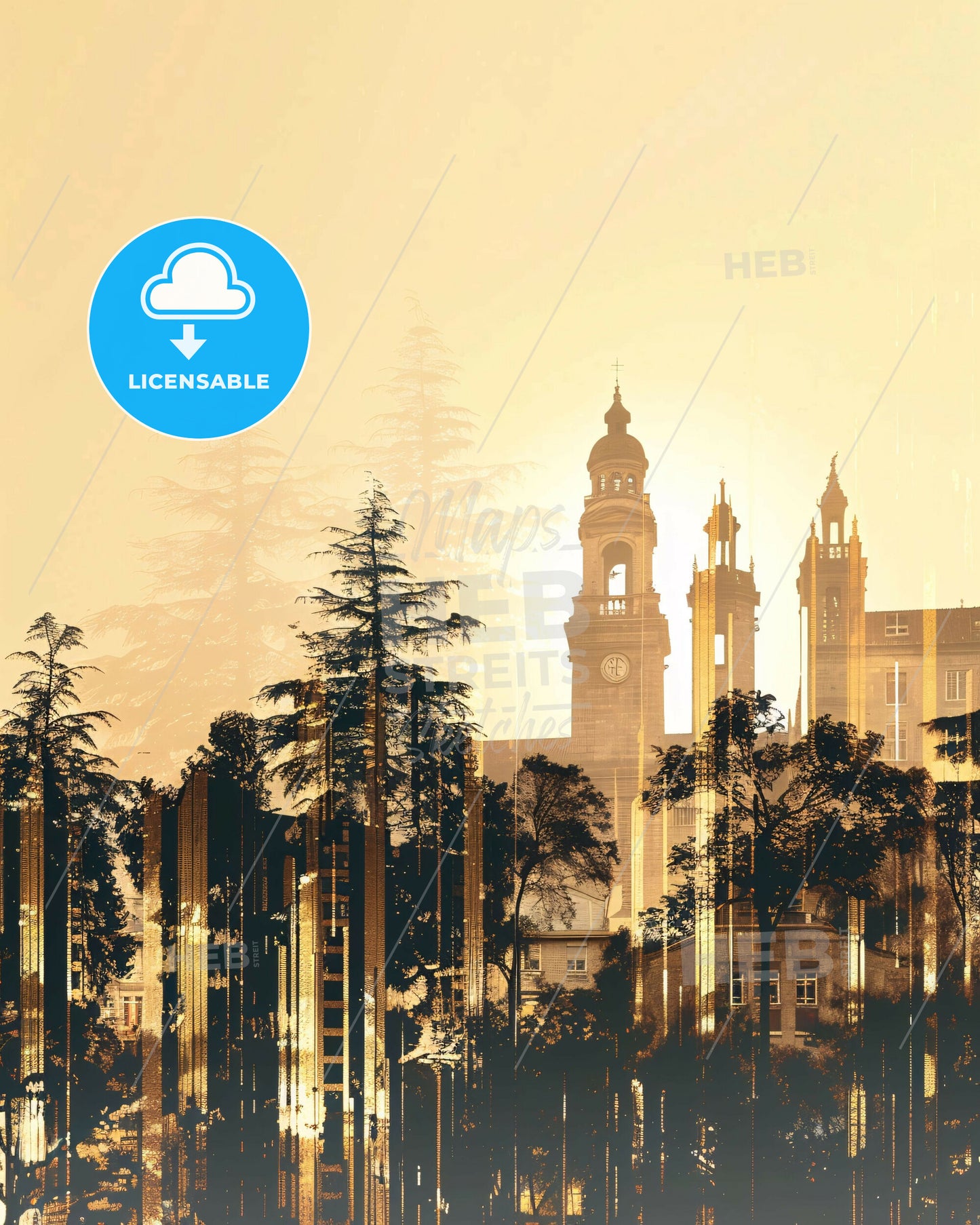 Montpellier Skyline Double Exposure Poster Art - A building with a clock tower and trees