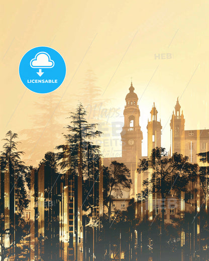 Montpellier Skyline Double Exposure Poster Art - A building with a clock tower and trees