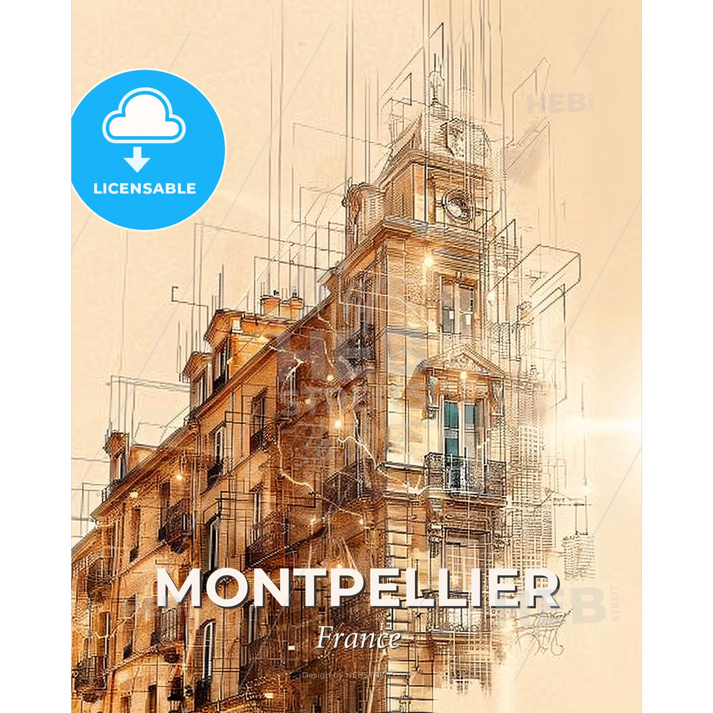 Montpellier Skyline Silhouette Double Exposure Poster - A building with a clock tower - Square format print template