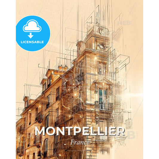 Montpellier Skyline Silhouette Double Exposure Poster - A building with a clock tower - Square format print template
