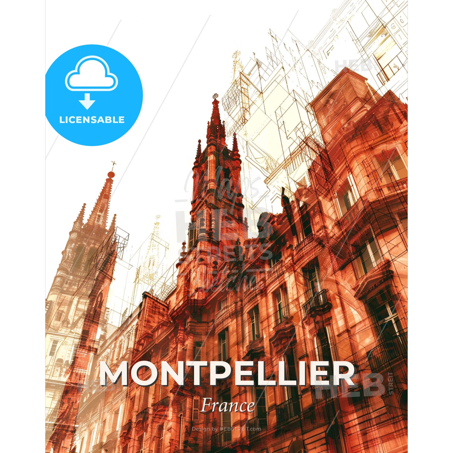 Montpellier Skyline City Lights Beige Art Poster - A building with towers and spires - Square format print template