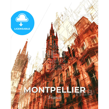 Montpellier Skyline City Lights Beige Art Poster - A building with towers and spires - Square format print template