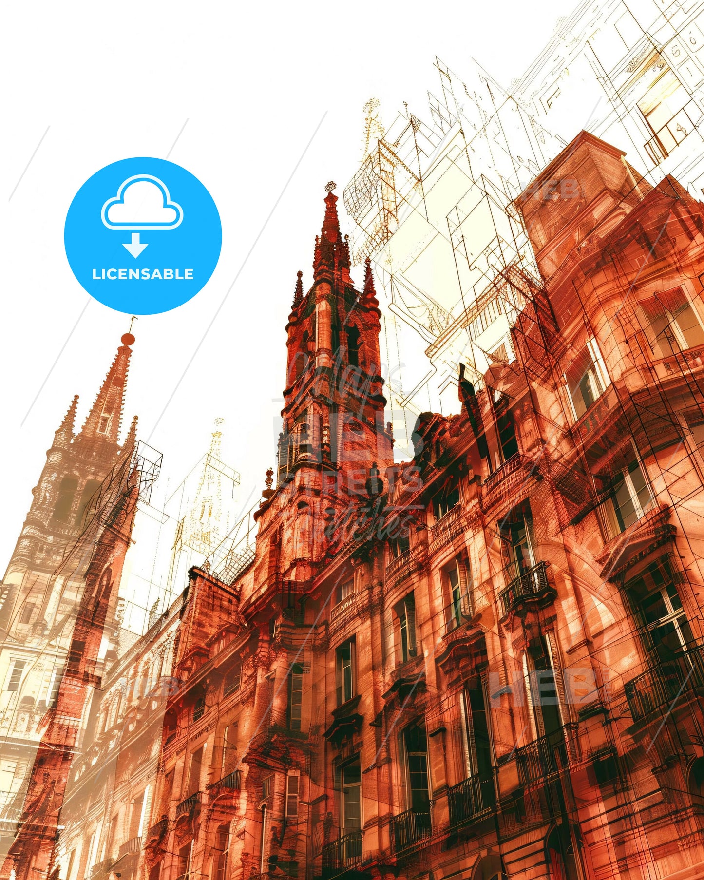 Montpellier Skyline City Lights Beige Art Poster - A building with towers and spires