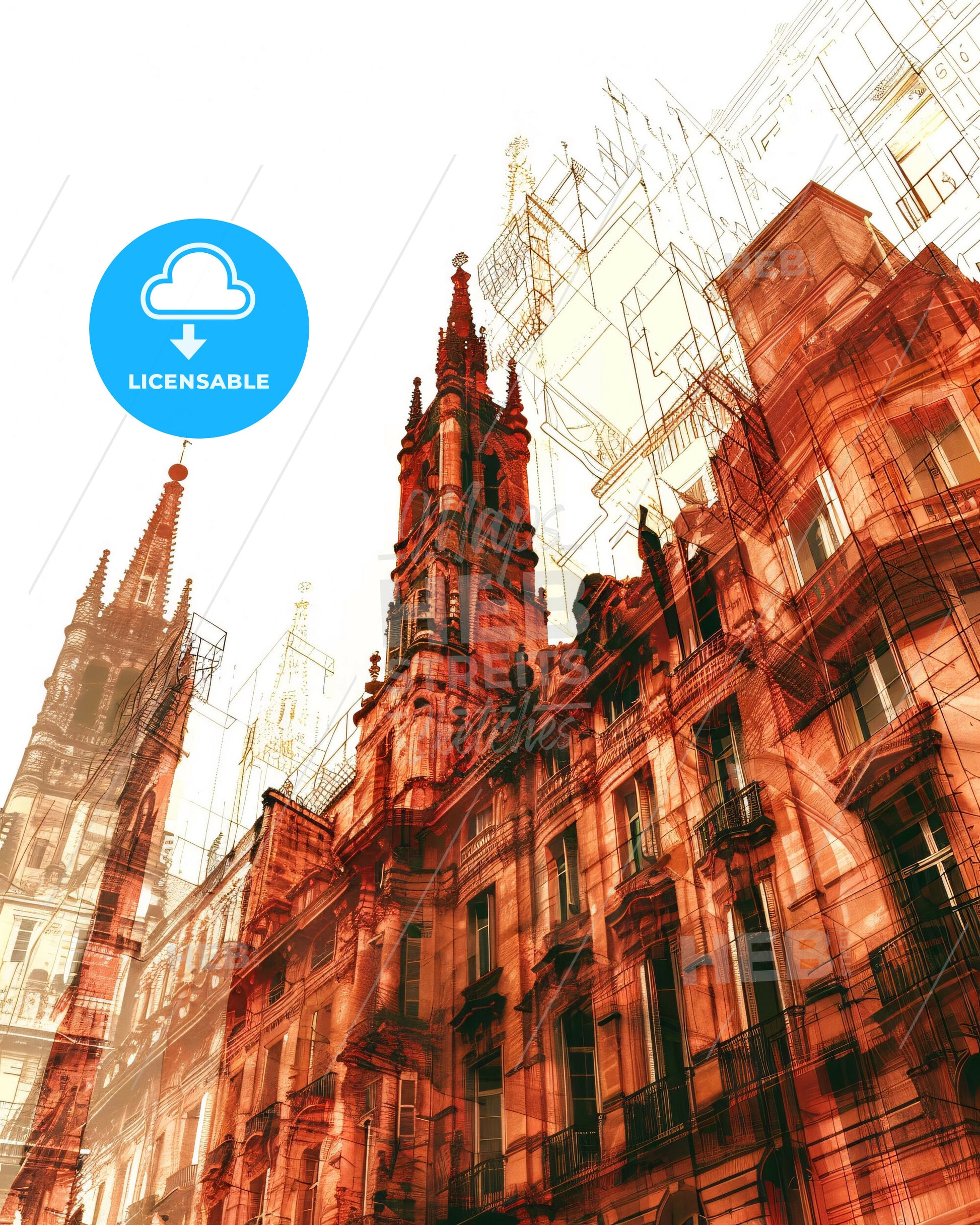 Montpellier Skyline City Lights Beige Art Poster - A building with towers and spires