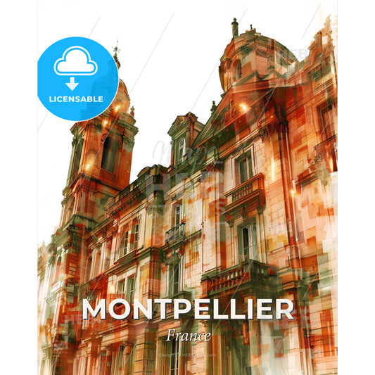 Montpellier Skyline Cityscape Double Exposure Poster - A large building with towers - Square format print template