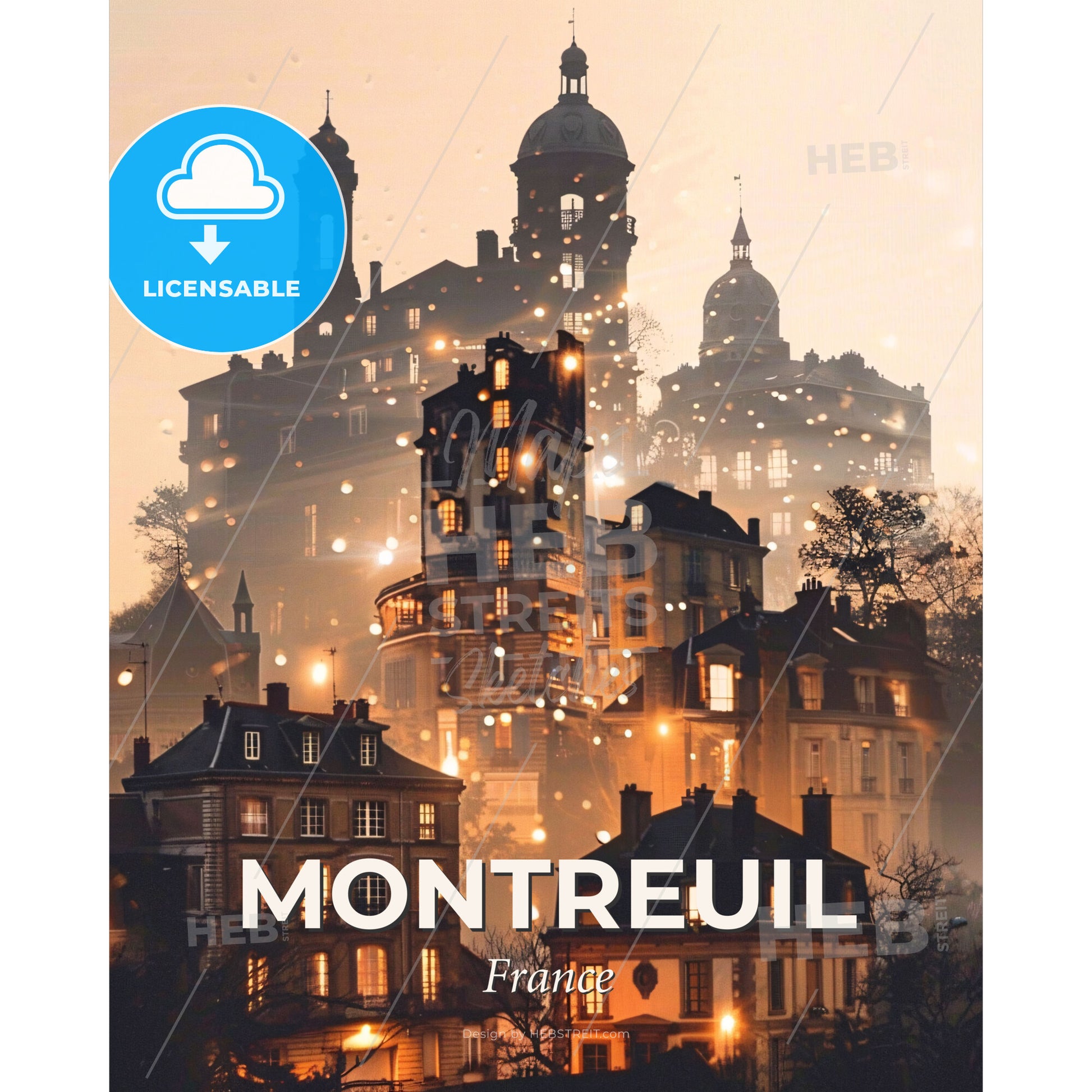 Montreuil Skyline Composite Art Poster - A city with many buildings and snow falling - Square format print template