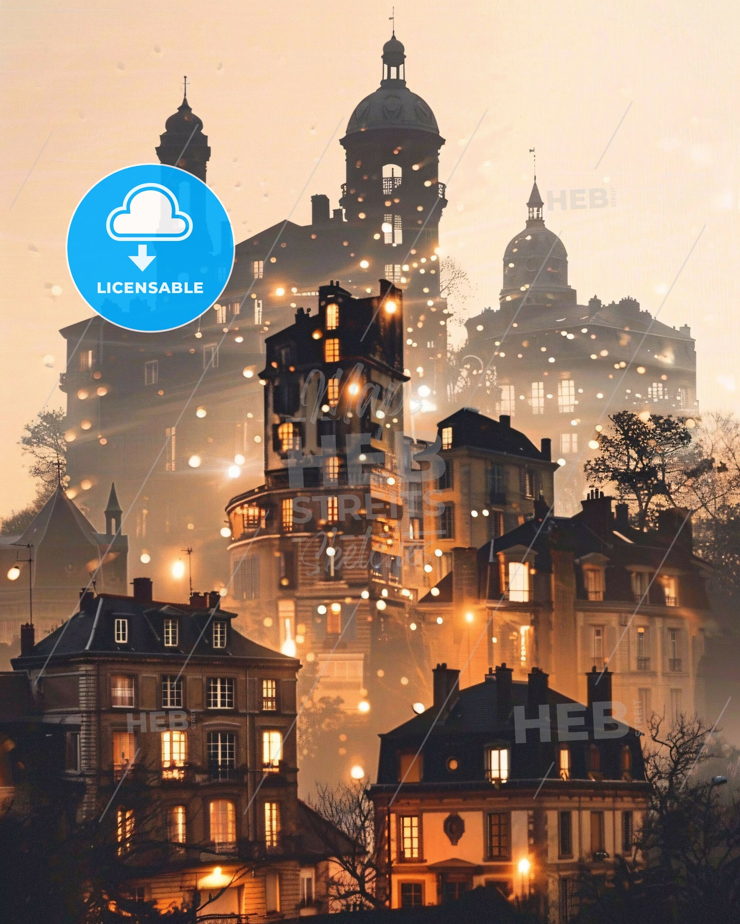 Montreuil Skyline Composite Art Poster - A city with many buildings and snow falling