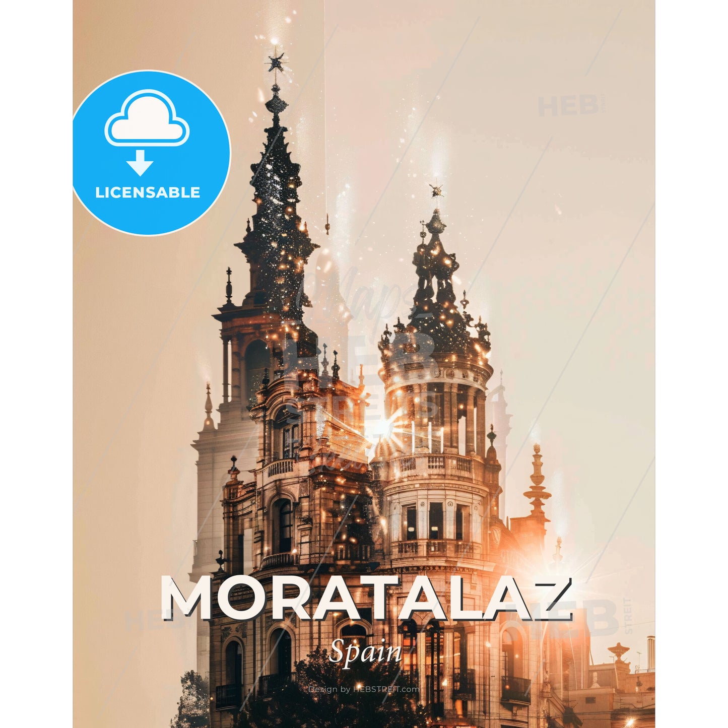 Moratalaz Skyline Double Exposure Art Composite - A building with towers and a light in the background - Square format print template