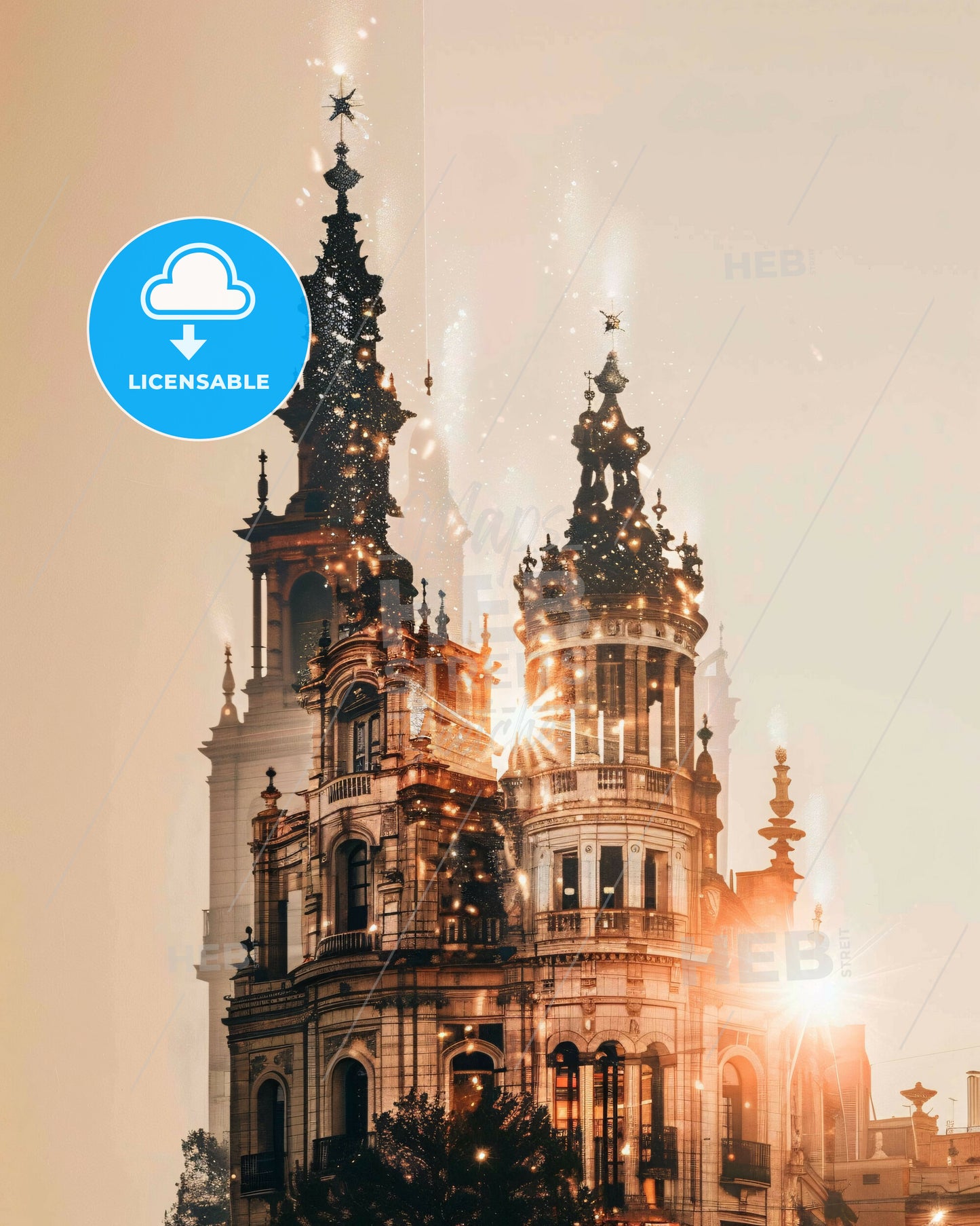 Moratalaz Skyline Double Exposure Art Composite - A building with towers and a light in the background