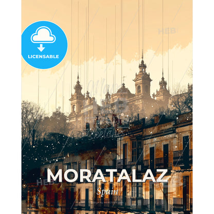Moratalaz Skyline Art: City Icons on Beige - A building with many towers and trees - Square format print template