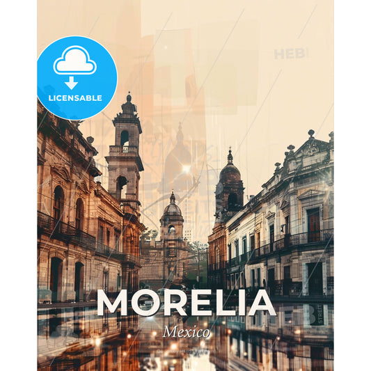 Morelia City Skyline at Night - A street with buildings and a reflection of a car - Square format print template