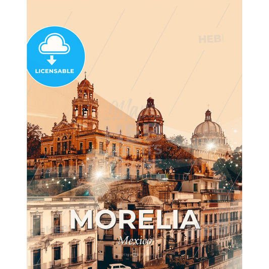 Morelia City Skyline in Double Exposure - A city with many buildings - Square format print template