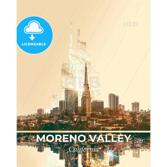 Moreno Valley Sunrise Skyline Cityscape Poster - A city with a tall building - Square format print template